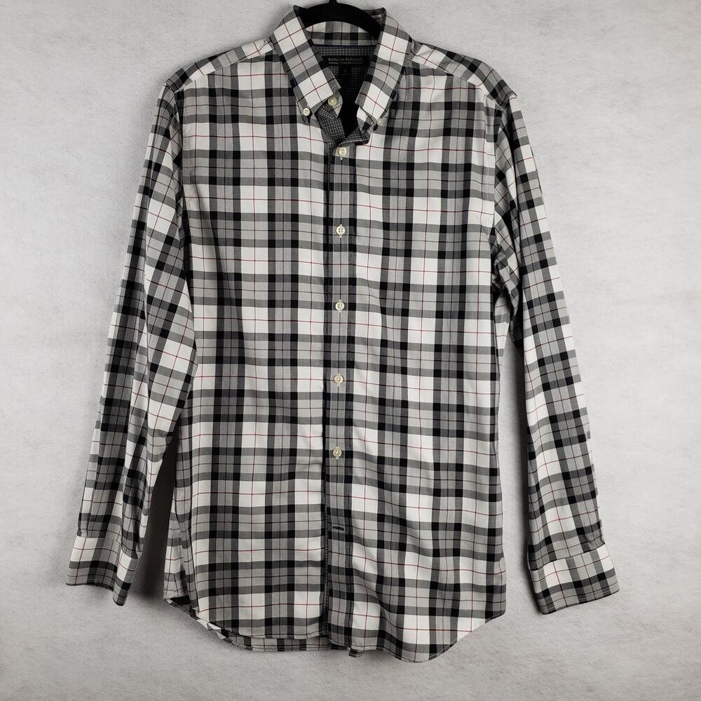 Banana Republic Men's‎ M Gingham Plaid Dress Shirt Black Gray Tailored Slim Fit